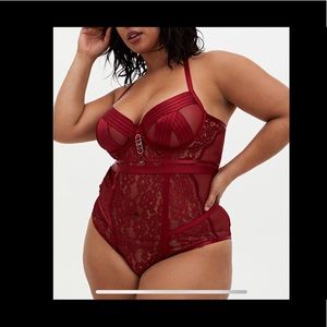 DARK RED LACE CAGE UNDERWIRE BODYSUIT